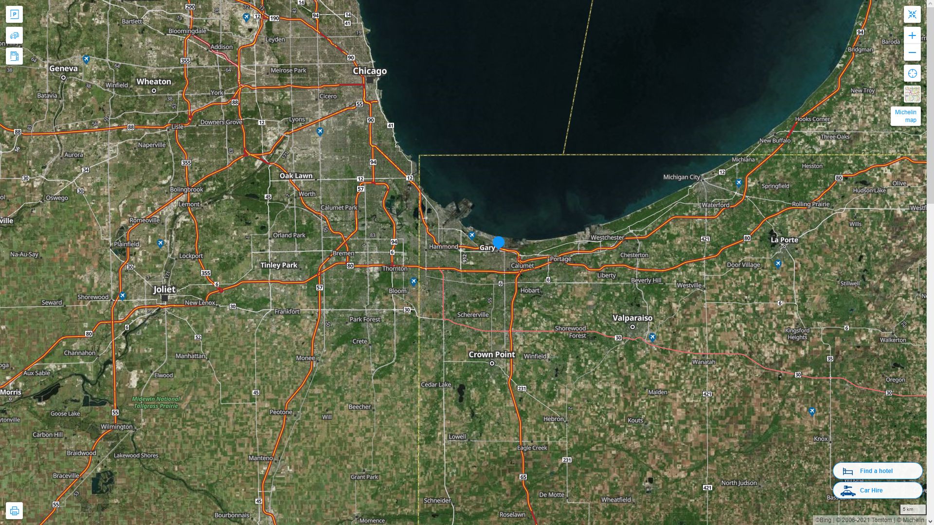 Gary Indiana Highway and Road Map with Satellite View
